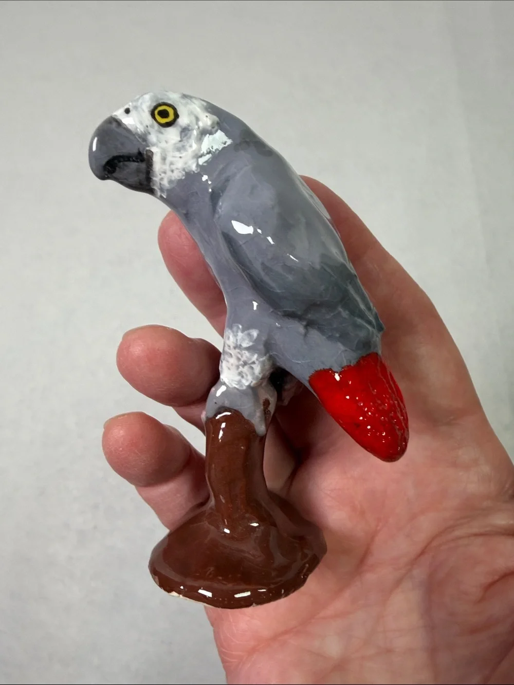 Artisan African Grey Parrot on Perch Signed Pottery Handmade Hand Painted 3.5”